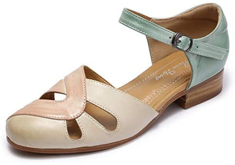 Mona flying Women Leather Tatianna Dress Sandals Closed Toe Low Heels Strappy Flats Summer Casual Shoes