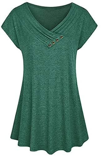 Women's Pullover Solid Short Bat Sleeve Blouses V Neck Big Swing Plain Shirts