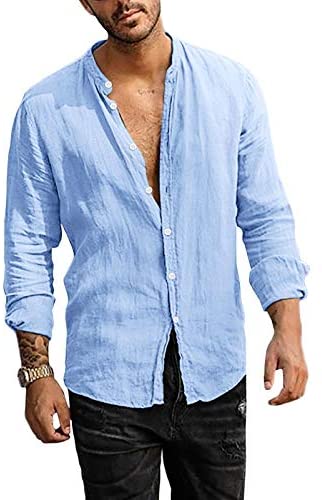 Men's Linen Button Down Shirt Long Sleeve Casual Loose Hippie Beach Yoga T-Shirts Tops