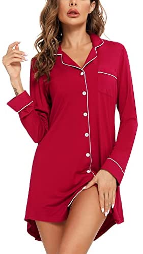 Pajama Nightgown for Women Short/Long Sleeve Button Down Nightwear Top Boyfriend Sleep Shirts Nightdress S-XXL