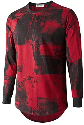 KLIEGOU Mens Hipster Hip Hop Ripped Round Hemline Pattern Print T Shirt