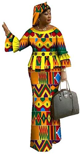 Dresses for Women Autumn 2 Pieces Maxi with Headwrap African Dashiki Print Crop Top Skirt Set