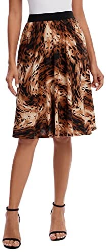 Women's Casual Elastic High Waist Leopard Print Pleated Shirring Midi Skirt