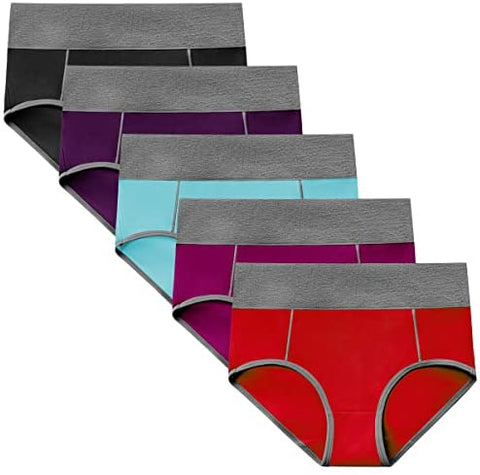POKARLA Women's High Waisted Cotton Underwear Soft Breathable Panties Stretch Briefs Regular & Plus Size 5-Pack