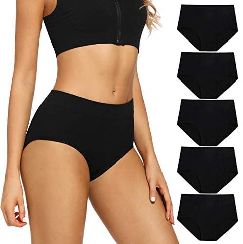 POKARLA Women's Cotton Stretch Underwear Ladies Mid-high Waisted Briefs Panties 5-Pack