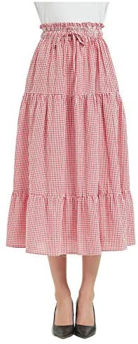 Womens A Line Long Midi Denim Skirt Tired Pleated Layers Elastic Waist Front Drawstring