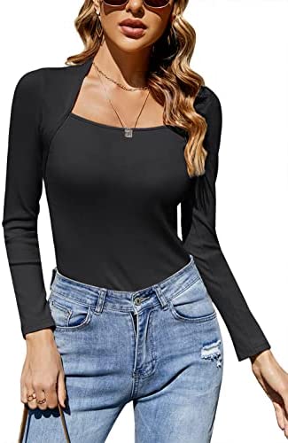GAMISOTE Womens Slim Fit Long Sleeve Tops Scoop Neck Ribbed Knit Night Out Tunic Blouses