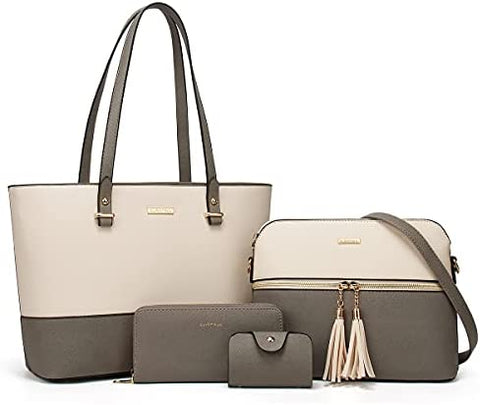Women Fashion Synthetic Leather Handbags Tote Bag Shoulder Bag Top Handle Satchel Purse Set 4pcs