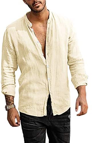 Men's Linen Button Down Shirt Long Sleeve Casual Loose Hippie Beach Yoga T-Shirts Tops