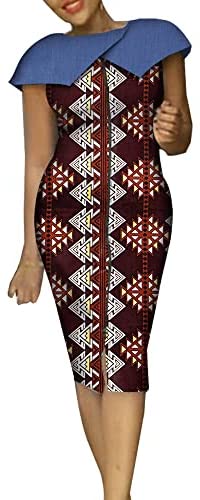 African Women Dashiki Causal Dress Traditional Print Patchwork Short Sleeve for Lady