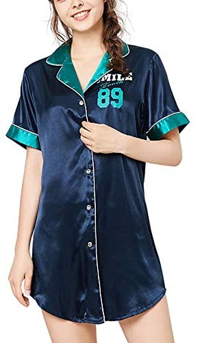 Women's Summer Short Sleeve Silk V Neck Nightdress Button Down Printed Nightgown