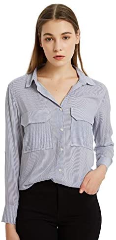 Womens Rayon Long Sleeves Blouse Stripe Shirt