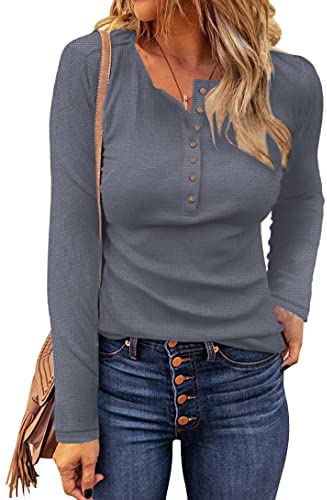 WNEEDU Women's Waffle Knit Tops Casual Long Sleeve Blouses Slim Fit Button Down V Neck Henley Shirts