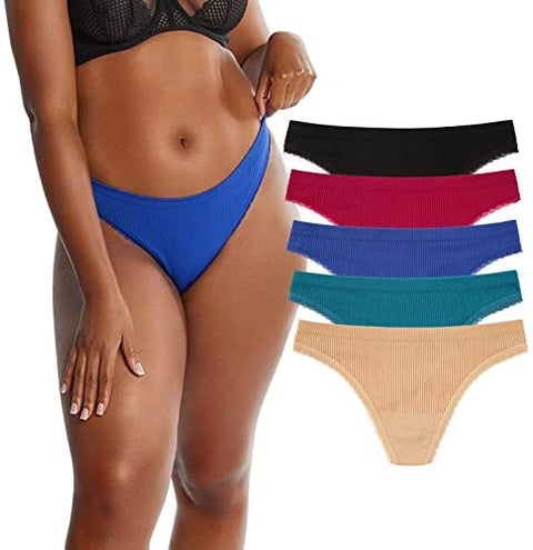 INNERSY Women's Nylon Stretchy Thongs Panties Ribbed Knit G String Underwear 5-Pack