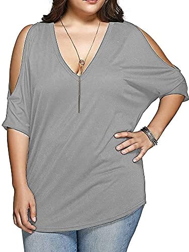 Women Plus Size Tops V Neck Short Sleeve Batwing Top Cold Shoulder T Shirt