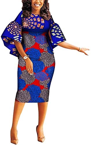 Women African Dashiki Dresses Traditional Print Patchwork Knee Length Dress for Lady