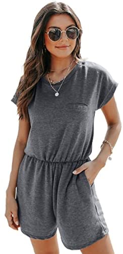 Dyexces Womens Jumpsuits Summer Loose Crew Neck Short Sleeve Elastic Waist Romper Playsuits with Pockets