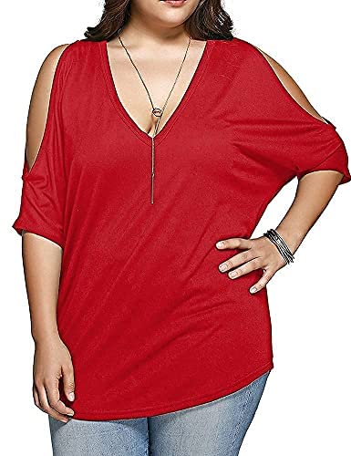 Women Plus Size Tops V Neck Short Sleeve Batwing Top Cold Shoulder T Shirt