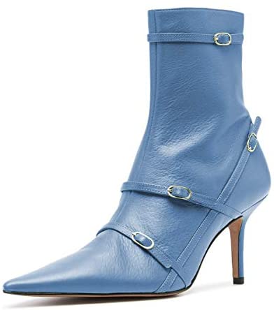 FSJ Women Pointed Toe Ankle Boots with Cross Buckle Straps Decoration Fashion Elegant Mid Low Heel Booties Ankle Wrap Zip Up Evening Party Dress Shoes Size 4-15 US