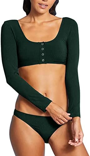 GAMISOTE Women Two Piece Swimsuits Long Sleeve Button Up Crop Top Bikini Bottoms Swimwear