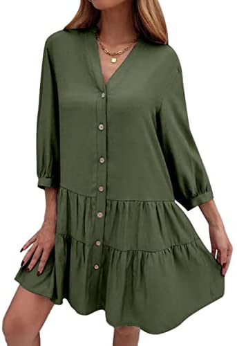 Dyexces Womens Long Sleeve Shift Dress V-Neck Button Up A-Line Midi Dress Summer Casual Loose Swing Tunic Dress
