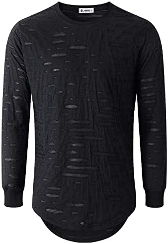 KLIEGOU Mens Hipster Hip Hop Ripped Round Hemline Hole T Shirt (05-3)
