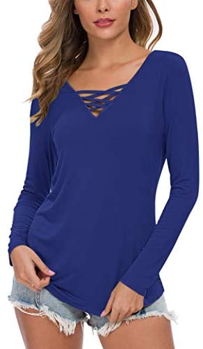 WNEEDU Women's Casual Long Sleeve T-Shirt Criss Cross V-Neck Basic Tees Tops