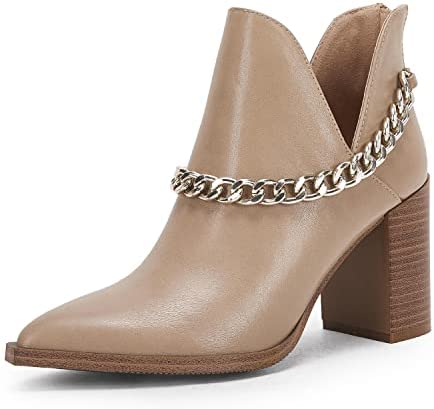 Womens V Cut Out Ankle Boots Chunky Block Back Zipper Booties Pointed Toe Comfortable Shoes with Metal Chain