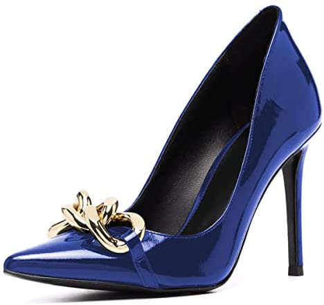 FSJ Women Fashion Pointed Toe Stilleto Heels Dress Pumps Metal Chain Slip On Wide Width High Heel Pumps Evening Party Shoes Size 4-15 US