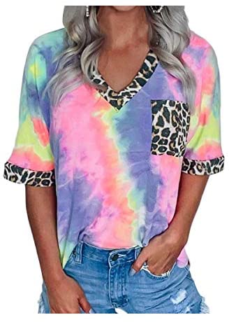 Women's Summer Tie Dye Printed T Shirt Casual Leopard Patchwork Short Sleeve Tee