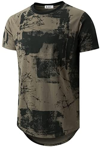 KLIEGOU Mens Hipster Hip Hop Ripped Round Hemline Pattern Print T Shirt