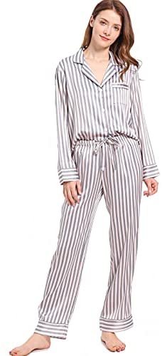 Women's Satin Pajama Set Long Sleeve Button Sleepwear 2-Piece Pj Lounge Set