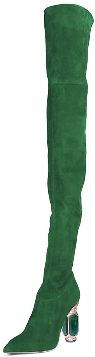 FSJ Women Winter Over The Knee Boots Crystal Chunky High Heels Stretch Thigh High Fashion Zipper Long Boots Faux Suede Comfort Warm Shoes Size 4-15 US