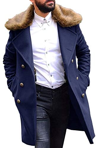 Mens Stylish Trench Coat Removable Faux Fur Collar Topscoat Double Breasted Winter Overcoat Warm Long Pea Coat