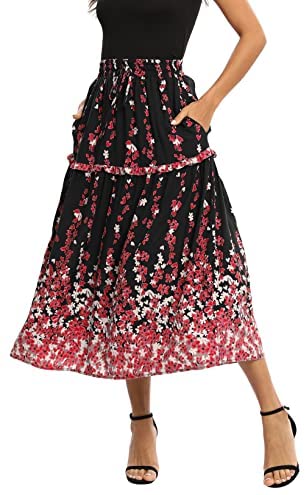 Women's Casual Elastic Waist Floral Print Pleated Maxi Skirt with Pocket