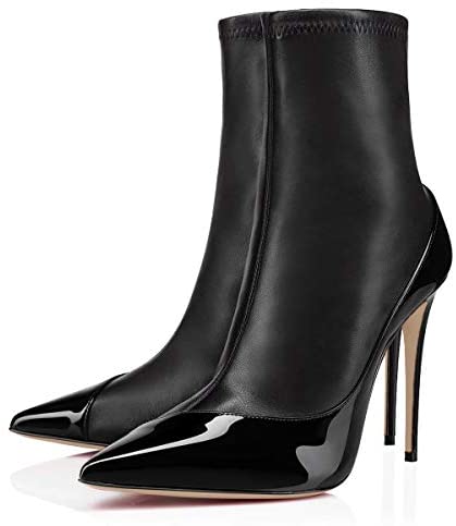 FSJ Women Fashion Two Toned Ankle Boots Pointed Closed Toe High Stiletto Heels Short Booties Patchwork Patent Matte Leather Side Zipper Ladies Party Prom Fall Winter Dress Shoes Size 4-15 US