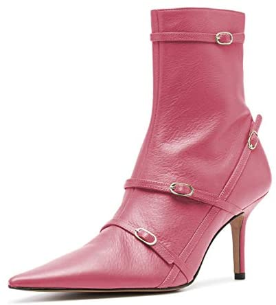 FSJ Women Pointed Toe Ankle Boots with Cross Buckle Straps Decoration Fashion Elegant Mid Low Heel Booties Ankle Wrap Zip Up Evening Party Dress Shoes Size 4-15 US