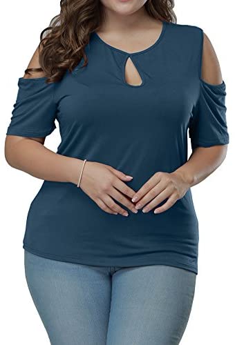 Women's Plus Size Top Keyhole Front Short Sleeve Cold Shoulder T Shirt