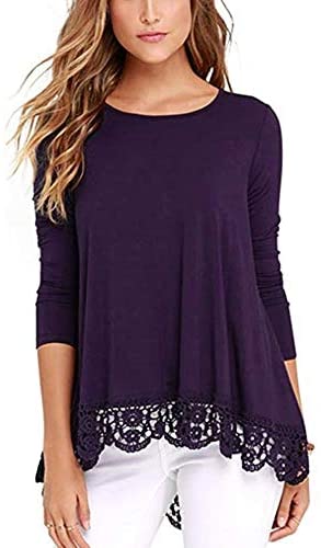 Women's O Neck Long Short Sleeve Solid Blouses Lace Trim A Line Shirts
