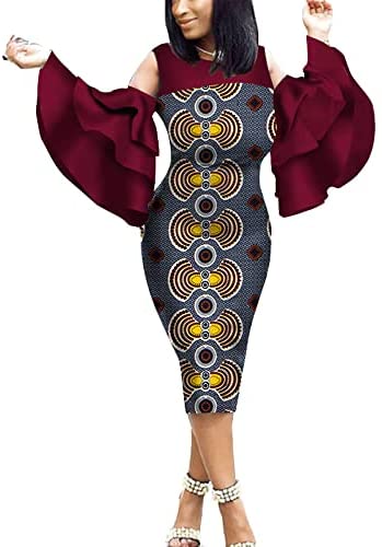 African Print Women Dress Long Flare Sleeves Knee-Length Pencil Ankara Party Dress Dashiki Traditional Costume