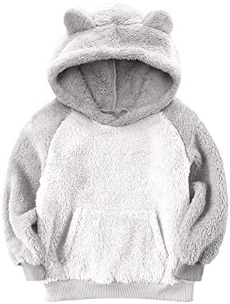 Baby Kids Girls Boys Fluffy Hoodies Sherpa Fleece Sweatshirts Winter Coats Cute Ear Pullovers with Kangaroo Pocket