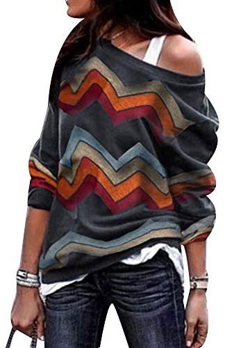 Women's Printed Round Neck Long Sleeve Blouses Off Shoulder Fashion Shirts