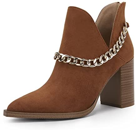 Womens V Cut Out Ankle Boots Chunky Block Back Zipper Booties Pointed Toe Comfortable Shoes with Metal Chain