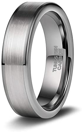 TRUMIUM 6mm Tungsten Wedding Band Matte Brushed Black/Silver Flat Classic Engagement Ring for Men Women Comfort Fit Size 4-15