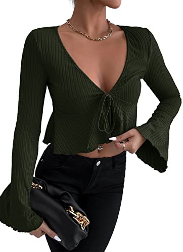 Womens Deep V Neck Crop Tee Ribbed Long Bell Sleeve Drawstring Casual Tie Front Blouse Solid Color Ruffle Hem Pullover Tops