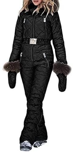 Womens Onesies Ski Suit Winter Outdoor Waterproof Ski Jumpsuit Jacket Overall Snowsuit Fur Collar with Hoodies Removable