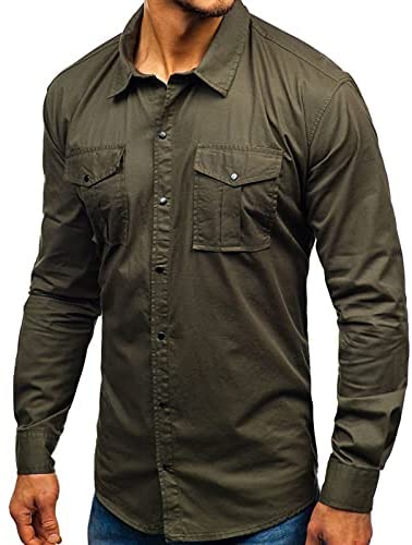 Mens Long Sleeve Snap Shirt - Casual Button Bown Tops Cargo Shirts Solid Work Western Dress Shirt
