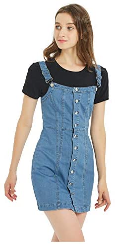Women's Button Front Classic Adjustable Strap Overall Denim Skirt Dress