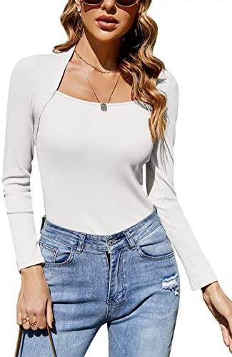 GAMISOTE Womens Slim Fit Long Sleeve Tops Scoop Neck Ribbed Knit Night Out Tunic Blouses