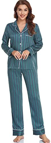 Women's Satin Pajama Set Long Sleeve Button Sleepwear 2-Piece Pj Lounge Set